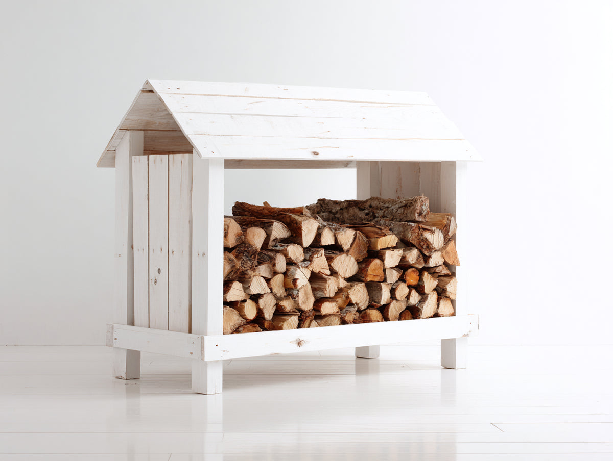 Portalegna - Legno - 126x64x146 cm - Bianco anticato - Stile cottage