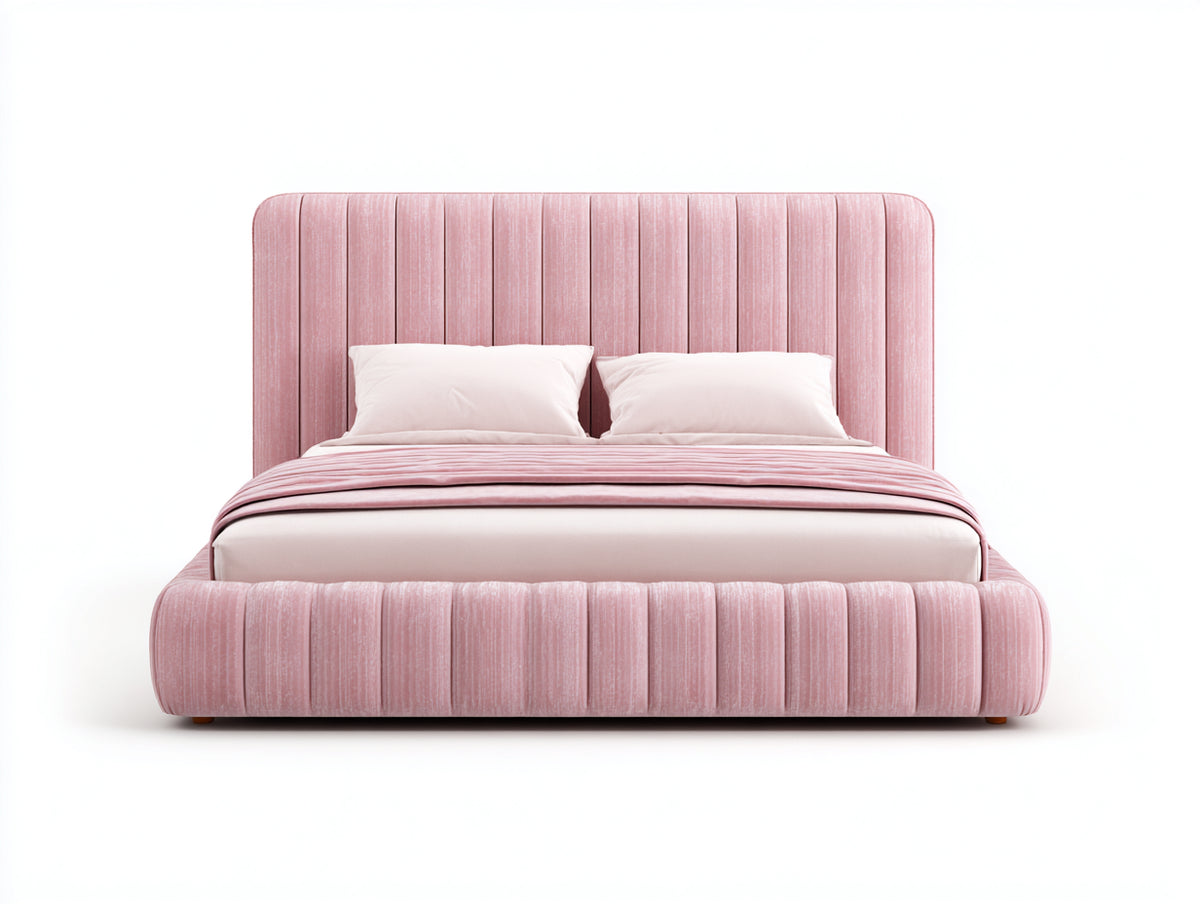 Letto matrimoniale - Velluto - 218x182x116 cm - Rosa cipria - Stile moderno