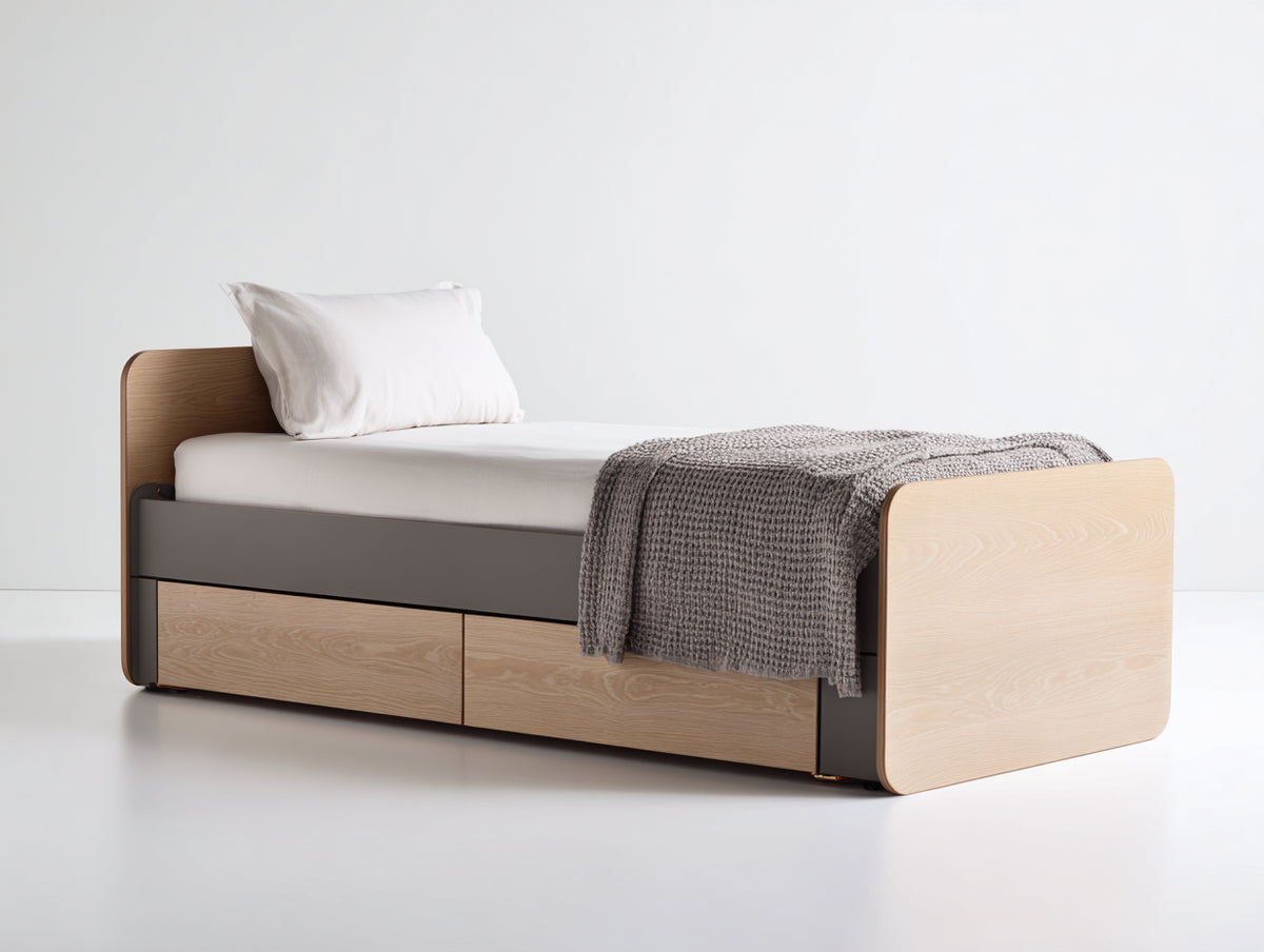 Letto singolo - Legno - 217x106x94 cm - Rovere naturale-Grigio scuro - Stile minimalista
